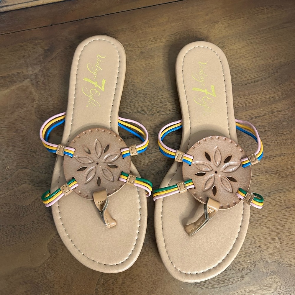 Vintage 7 Eight Tan Sandals with Multicolor Straps, Size 7